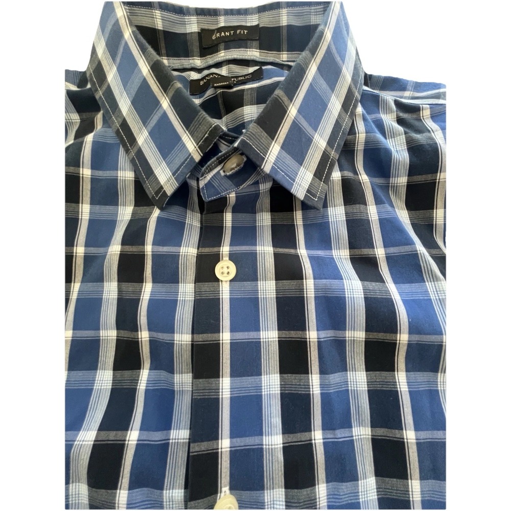 Banana Republic Grant Fit Shirt Men's Sz XL X-Large‎ Plaid Black Blue Button Up